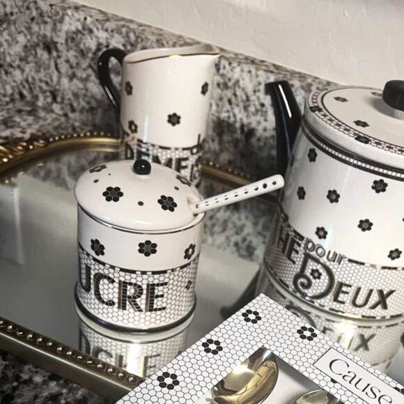 Anthropologie Bistro Tile Decaled Stoneware Sugar Bowl Pot 3 Pcs Set New - Picture 5 of 7